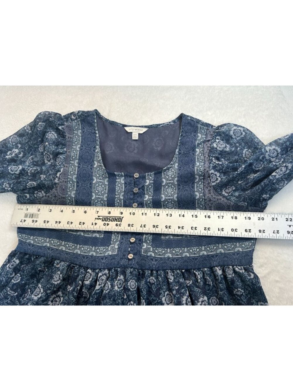 Lucky Brand Womens Blue Floral Boho Sheer Long Sleeve Tunic Top Medium Casual - Picture 7 of 8